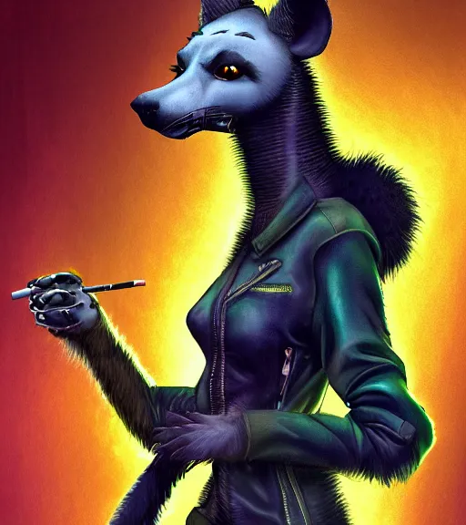 Image similar to digital painting of anthromorphic hyena female smoking cigarrete, fursona, furry fandom, furaffinity, neon rainy cyberpunk setting, anthro, wearing cyberpunk leather jacket, detailed face, blade runner, zootopia style,