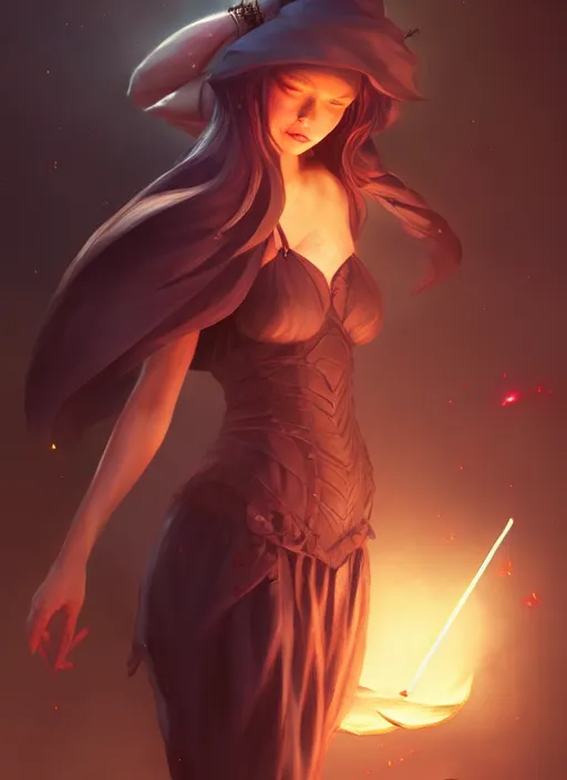 Image similar to dark fantasy female magician, magic floating around, fireflies, pretty hands, pretty legs, wide angle view, fullbody view, highly detailed, qichao wang, artgerm, cushart krenz, zeronis, trending on artstation, soft light, sharp edges, illustration, character design, concept art