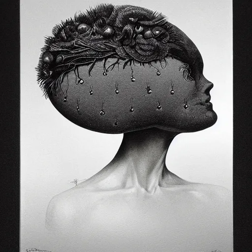 Image similar to portrait of woman with a ceremonial hat embedded into her skull, by wayne barlowe