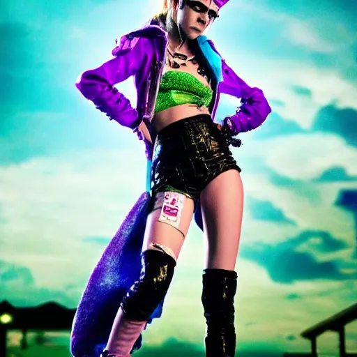 Image similar to cinematic scene with cara delevigne as jolyne from jojo's bizarre adventure, live action film, stone ocean, dramatic, small details, volumetric lighting, still frame