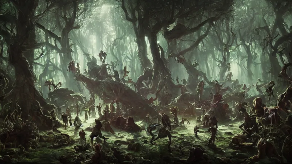 Prompt: a party of adventurers being attacked by six living shadows in a magical forest, oil painting, greg rutkowski