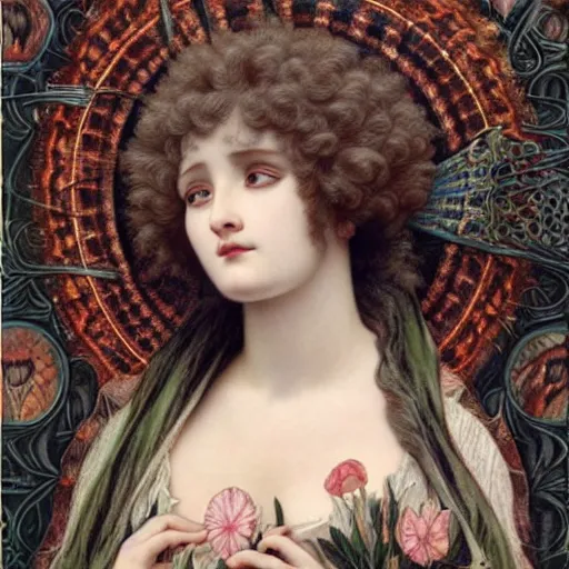 Image similar to hyperrealistic detailed portrait of ivory beautiful demonic witch, art by ernst haeckel, john william godward, hammershøi, alphons mucha, pontormo, ornamental, decorative, art nouveau pattern, deep pastel colors,