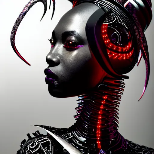 Image similar to portrait of an absurdly beautiful, graceful, sophisticated, fashionable black cyberpunk mechanoid gravure idol, hyperdetailed illustration by irakli nadar, adut akech, matt wisniewski style, intricate linework, dark black skin, jellyfish headdress, day - glow facepaint, unreal engine 5 highly rendered, global illumination, red light, detailed and intricate environment