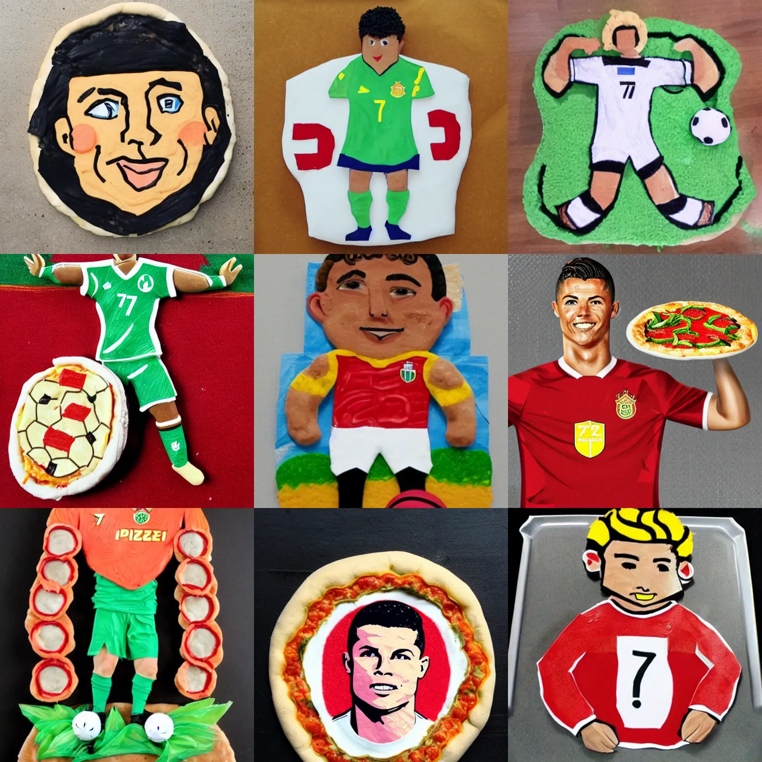 Prompt: soccer player ronaldo 7 made of pizza dough