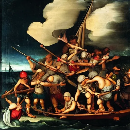 Prompt: HEAVE HO! HAUL TOGETHER Pirate Artwork, trending, renaissance painting, badass, super cool, stormy weather illuminated only by oil lanterns aboard ship