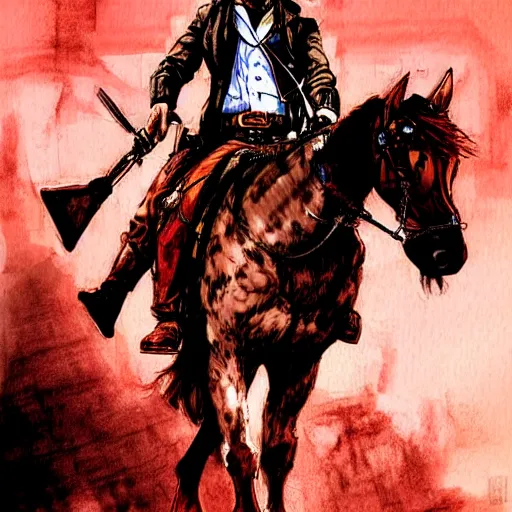 Image similar to a portrait of Arthur Morgan from Red Dead Redemption as a cyborg riding a cyborg horse, art by Yoji Shinkawa