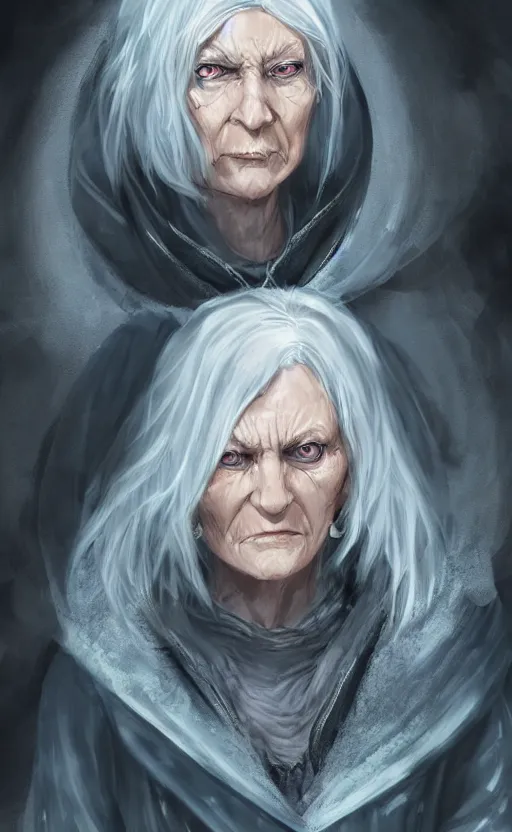 Image similar to an older woman with silver hair and piercing blue eyes. she's wearing a dark, hooded cloak and looks like she knows her way around a sword, dynamic lighting, photorealistic fantasy concept art, trending on art station, stunning visuals, creative, cinematic, ultra detailed