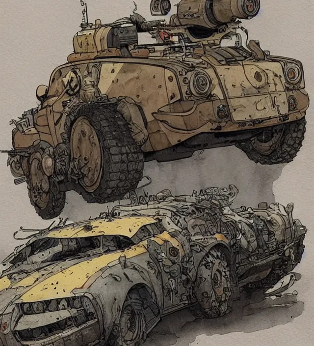 Image similar to a watercolor ink painting of a post - apocalyptic mad max / fallout style tank in the style of jean giraud in the style of moebius trending on artstation deviantart pinterest detailed realistic hd 8 k high resolution