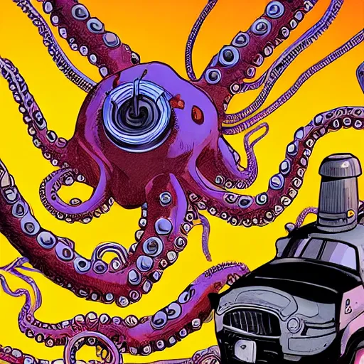 Image similar to stunning portrait of a mechanical octopus in a dramatic setting by brian k. vaughan