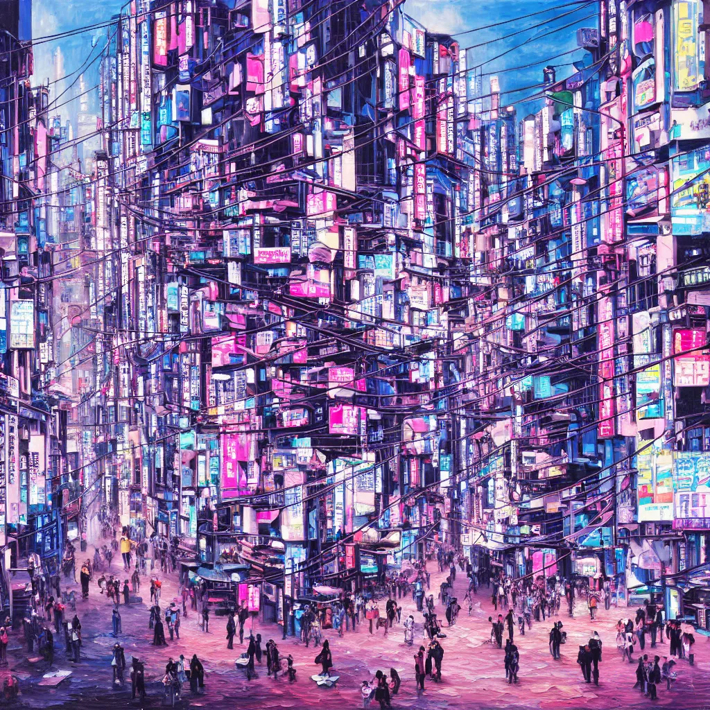 Prompt: oil painting of a busy bustling cyberpunk metropolis, fuchsia and blue, crowded people occupying buildings and outdoors, tokyo, textured