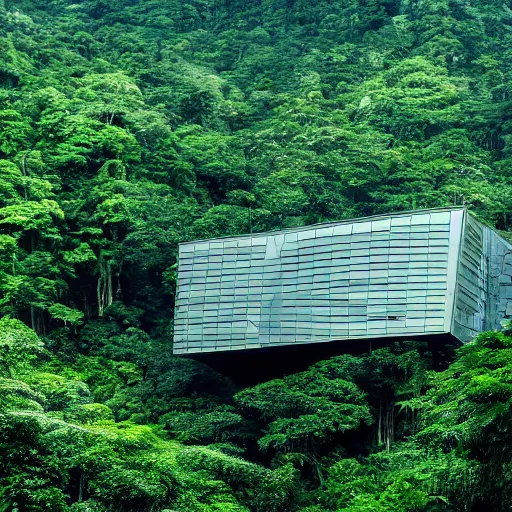 Image similar to extreme wide shot a futuristic containment building in a rainforest valley with a city in the distance, national geographic, hyper realistic, 4 k, harsh light