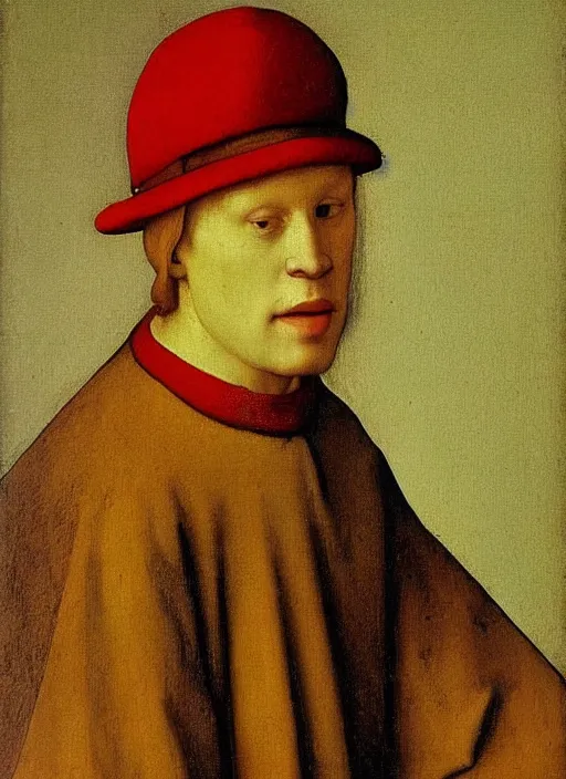 Image similar to red hat, medieval painting by jan van eyck, johannes vermeer