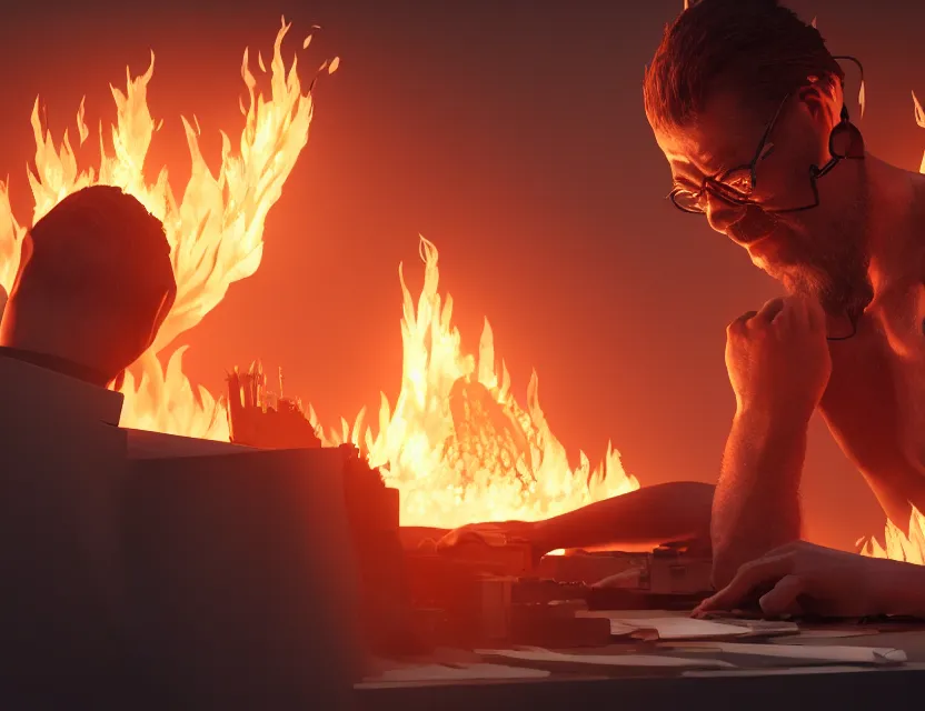 Image similar to a man works at a workstation in a very hot office with burning fires, close up, featured in artstation, octane render, intricate, ultra detailed, fantasy, concept art, wide - angle lens, sharp focus, illustration, 8 k