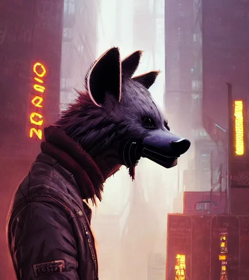 Image similar to new york city portrait of furry anthro anthropomorphic spotted hyena head animal person fursona wearing clothes strange cybernetic muzzle gloomy rainy screenshot from the video game cyberpunk 2077 digital art by Greg Rutkowski, Simon Stalenhag, christopher nolan trending on Artstation, CGSociety