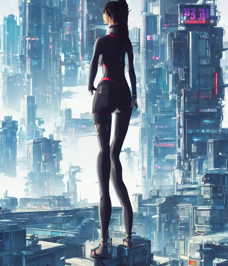 Image similar to a girl stands on top of a multi-storey building, anime style, 4k, cyberpunk city in the background, HD, artstation, very detailed, by Ilya Kuvshinov