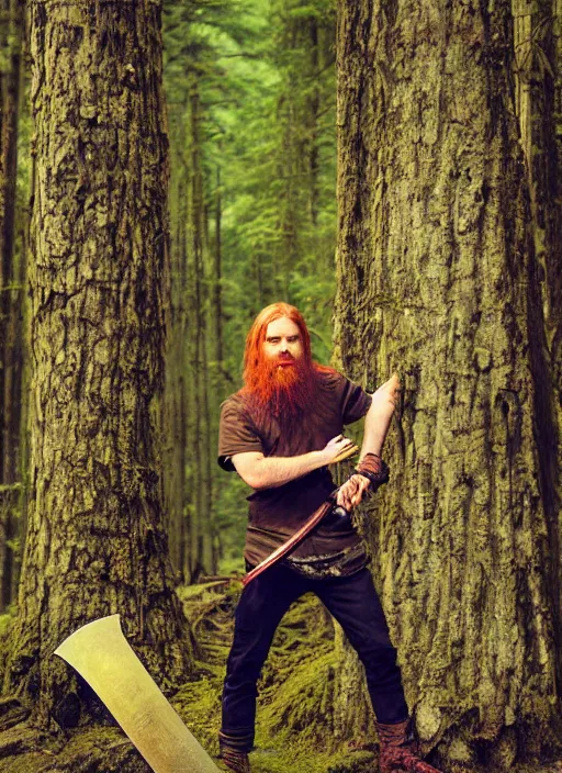 Image similar to grungy redhead 30-something scruffy bearded shoulder-length hair swordsman holding a short curved sword in a ultradetailed pacific northwest redcedar forest, smooth. sharp focus, grunge dingy high quality digital art detailed,