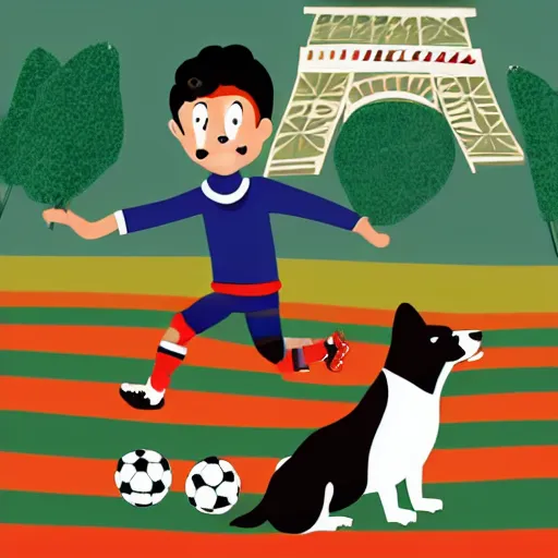 Image similar to illustration of french boy in paris playing football against a corgi, the corgi is wearing a polka dot scarf