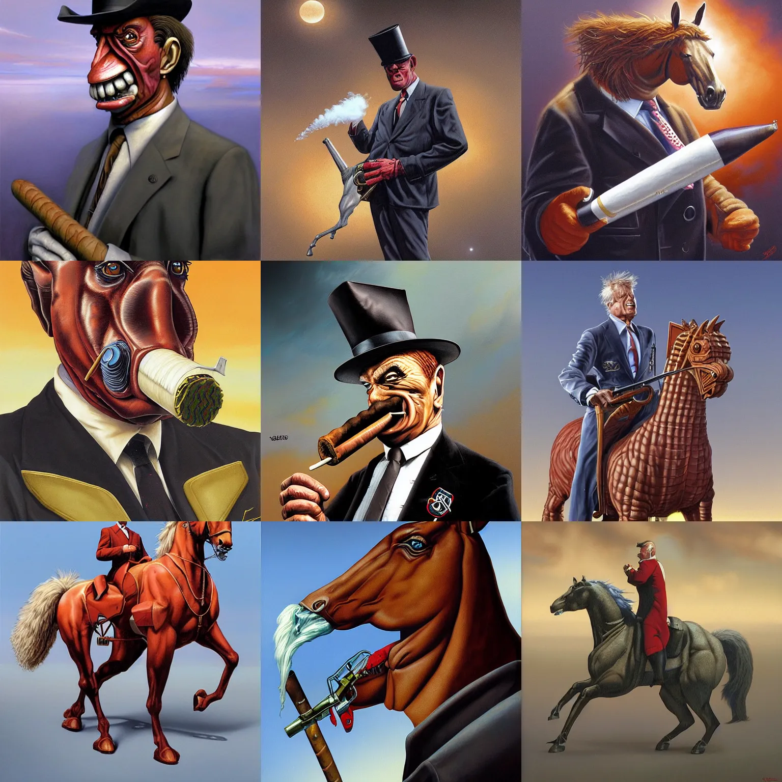 Prompt: peter elson painting of an antropomorphic horse wearing a suit smoking a cigar. highly detailed, digital painting, sharp focus,