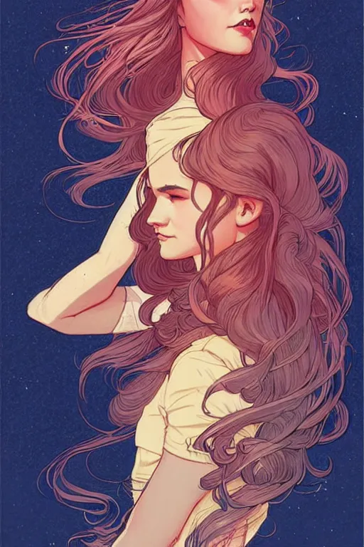 Prompt: concept art design illustration, teen girl walking away alone street flowing hair, fantasy book cover illustration!!, 1 6 colors, logo, ink drawing, art by jc leyendecker and sachin teng