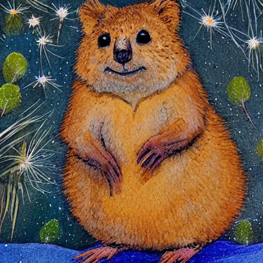 Image similar to detailed illustration, a happy quokka on rotttnest island in the style of may gibbs,