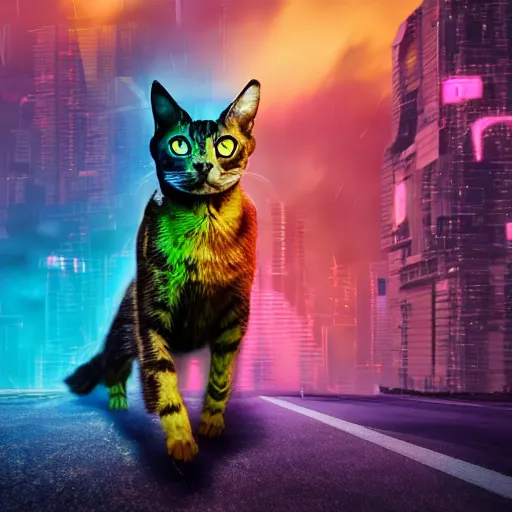 Image similar to colorful cyberpunk cat with 2 heads walking on clouds, realistic, 4 k