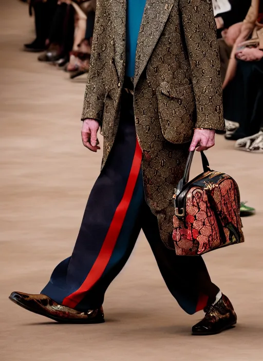 Image similar to hyperrealistic and heavy detailed gucci runway show of albert einstein, leica sl 2 5 0 mm, vivid color, high quality, high textured, real life