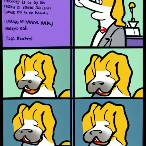 Prompt: golden retriever puppy working in an office, looking tired, in the style of dilbert, style of scott adams, style of comic strip, full color illustration, mondays, coffee mug