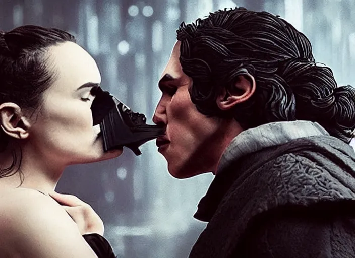 Image similar to reylo kissing, dollar bill!!!, rey and kylo ren