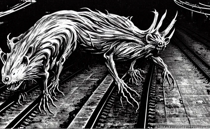 Prompt: very large giant mutant zombie irradiated ( angry rat ) staying on railways in tonnel of moscow subway. tonnel, railways, giant angry rat, furr, fangs, claws, very realistic. extreme long shot, herman nitsch and herman nitsch, giger.