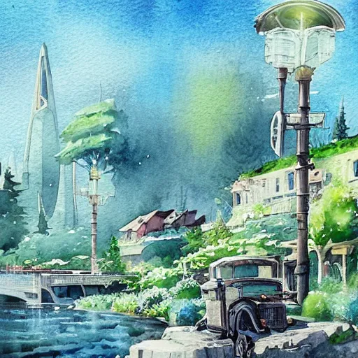 Image similar to Beautiful happy picturesque charming sci-fi town in harmony with nature. Beautiful light. Water and plants. Nice colour scheme, soft warm colour. Beautiful detailed watercolor by Lurid. (2022)