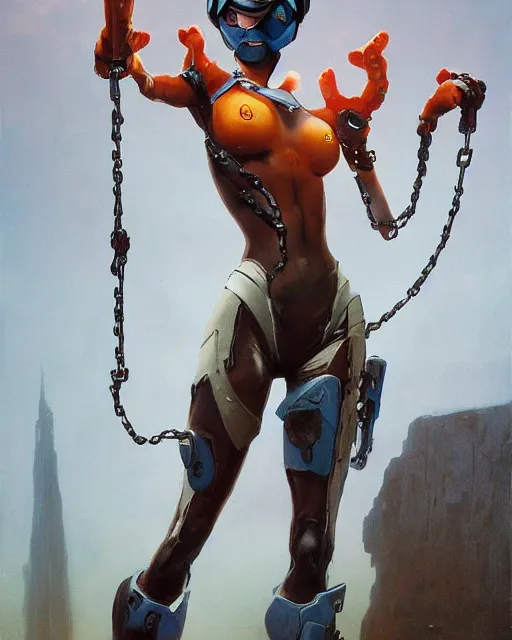 Image similar to full figure, painting of tracer from overwatch, in style of zdzisław beksinski, horror, 4 k, feminine facial features, full armor, full armor, detailed face, tall, dark ropes and chains in background