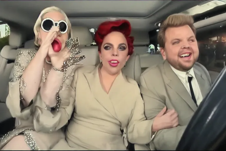 Image similar to lady gaga and judy garland doing carpool karaoke, lady gaga and judy garland, carpool karaoke, lady gaga, judy garland, carpool karaoke, youtube video screenshot, the late late show with james corden, higly realistic, high resolution, dashcam