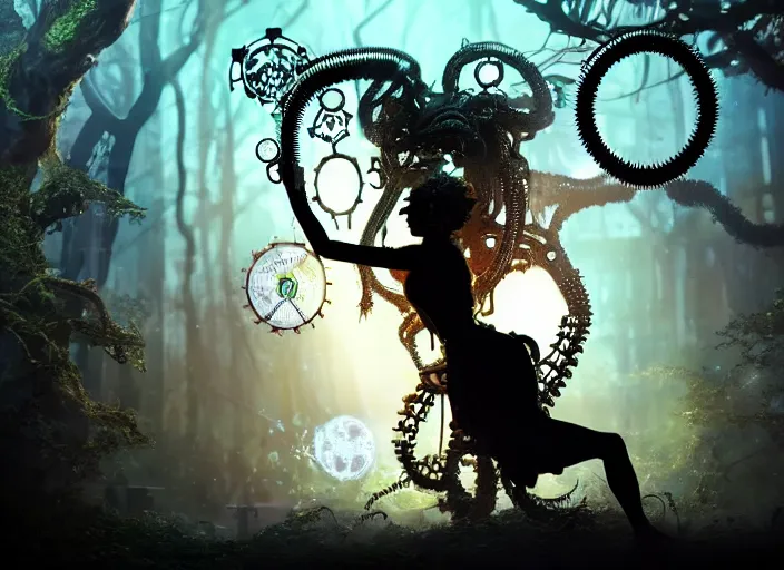 Prompt: silhouette of an intricate mechanical fairy with visible gears having tea with a cyborg gorgon medusa in a magical forest. Very detailed 8k. Fantasy cyberpunk horror. Sharp. Cinematic post-processing