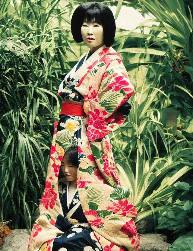 Prompt: fashion full-body photograph of a beautiful Japanese woman wearing a traditional kimono in an tropical greenhouse, by Annie Leibowitz, extremely detailed, large format camera, Fuji Provia film, 90mm lens, bokeh, blurred background, photorealistic, trending on instagram, trending on artstation