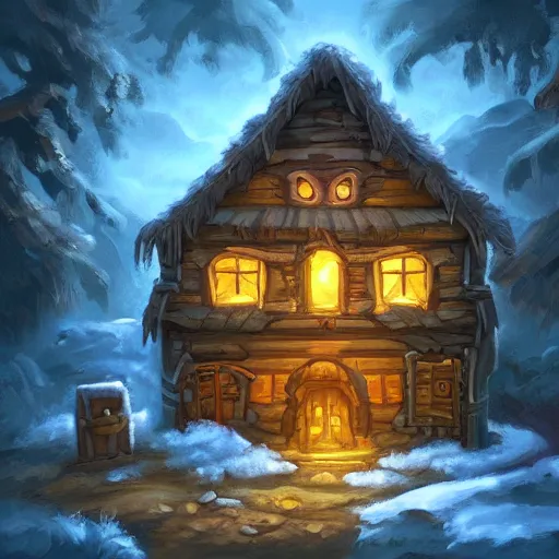 Image similar to a house, a man sitting before the house in the forest, night lighting, in hearthstone art style, epic fantasy style art, fantasy epic digital art, epic fantasy card game art