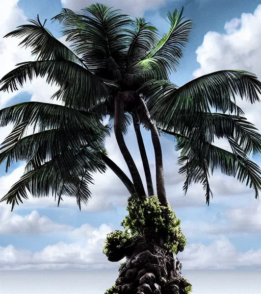 Image similar to coconut tree exposed to radiation and became monster coconut tree. realism art, high detailed, fine art, trending on artstation, smooth draw, perfect lightning, sharp focus.
