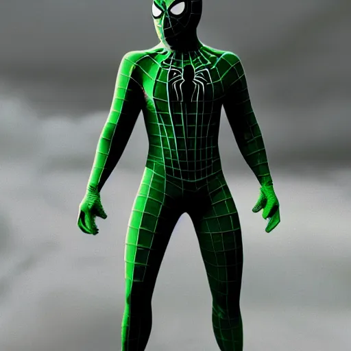 Image similar to green spider - man suit with black web lining, cinematic, volumetric lighting, realistic, hyperdetailed, photorealistic, photograph