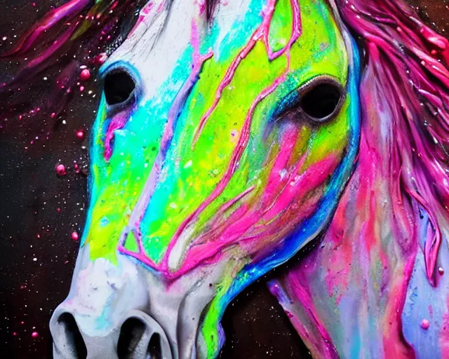 Prompt: still shot close up footage of the portrait of a horse head made of acrylic pour and coloured powder explosion and splashing paint and dripping paint and flying paint chunks, motion blur, hyperrealistic, medical, intricate art photography, anatomically correct, realistic crisp textures, 1 6 k