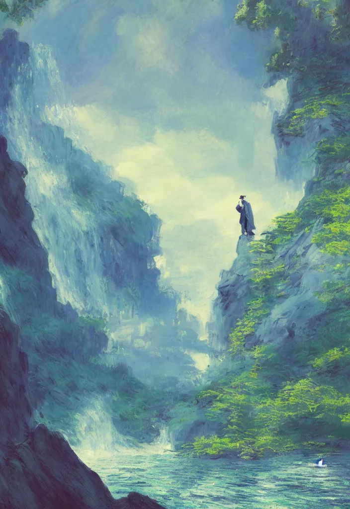 Prompt: tiny businessman wearing a cape in front of a japanese city in the mountain surrounded by waterfall. cyberpunk, boats flying. beautiful blue sky. gorgeous epic nature, lofi, vivid colors, amazing light, by jeremy lipkin, by claude monet, heavily inspired by makoto shinkai, inspired by ghibli, masterpiece, multiple brush strokes, impressionist style