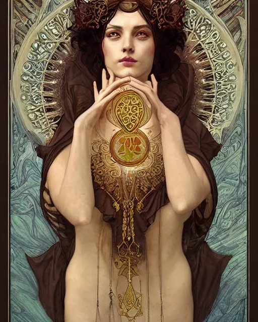 Prompt: tarot card, high priestess, Art nouveau, intricate, elegant, highly detailed, concept art, sharp focus, beautiful face!!, digital art, smooth, by Bastien Deharme, Brom, trending on Artstation, Alphonse Mucha