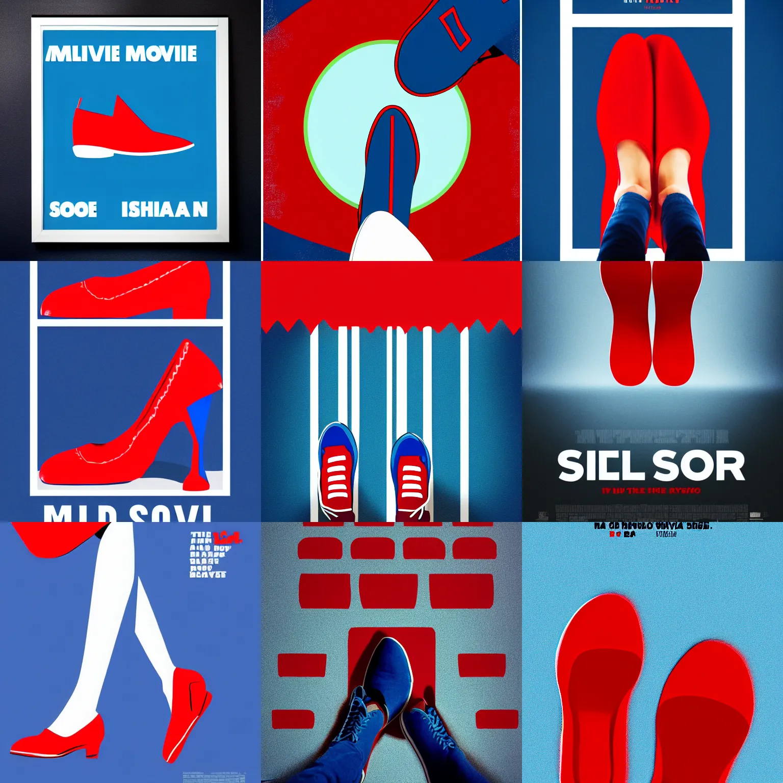 Prompt: minimal movie poster, 1 red shoe 1 blue shoe