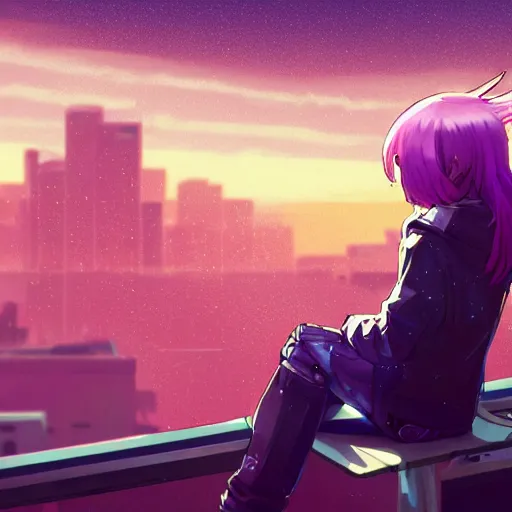 Prompt: android mechanical cyborg anime girl child overlooking overcrowded urban dystopia sitting. Pastel pink clouds baby blue sky. Gigantic future city. Raining. Makoto Shinkai. Wide angle. Distant shot. Purple sunset. Sunset ocean reflection. Pink hair. Pink and white hoodie. Cyberpunk. featured on artstation. robotic wired knee pivot. white sweater.