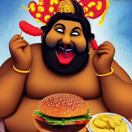 Prompt: fat Shiva with six arms eating a hamburger