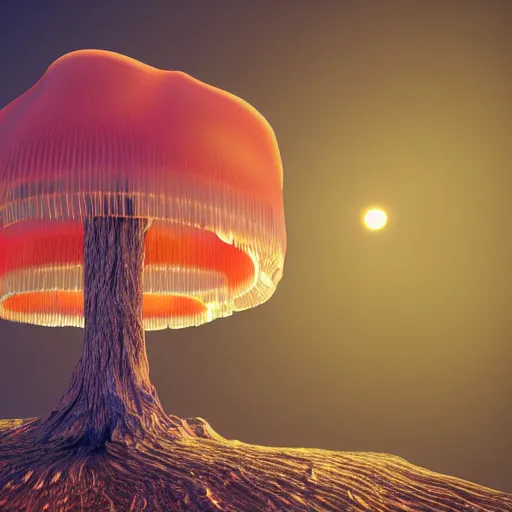 Prompt: a group of jellyfish growing form tree branch in sunset mountain,C4d,8k,futuristic digital art,details ,style of Andy Warhol