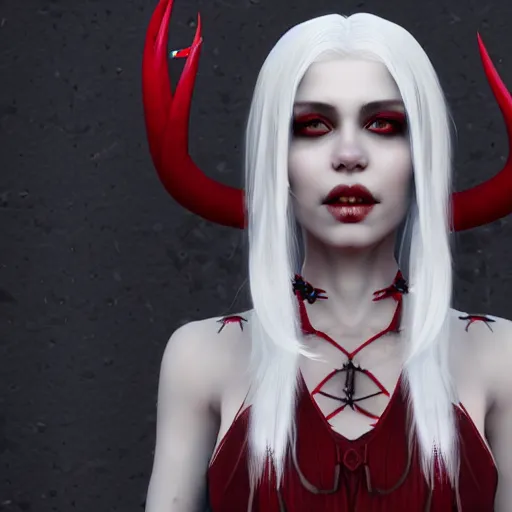 Image similar to a highly detailed portrait of a humanoid demon girl with white hair, red horns, in white clothes, artstation, deviantart, professional, unreal engine 5, photorealistic