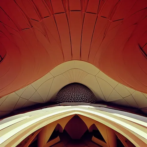 Image similar to interior of a futuristic lotus temple with gold, red and white marble panels, in the desert, by buckminster fuller and syd mead, intricate contemporary architecture, photo journalism, photography, cinematic, national geographic photoshoot