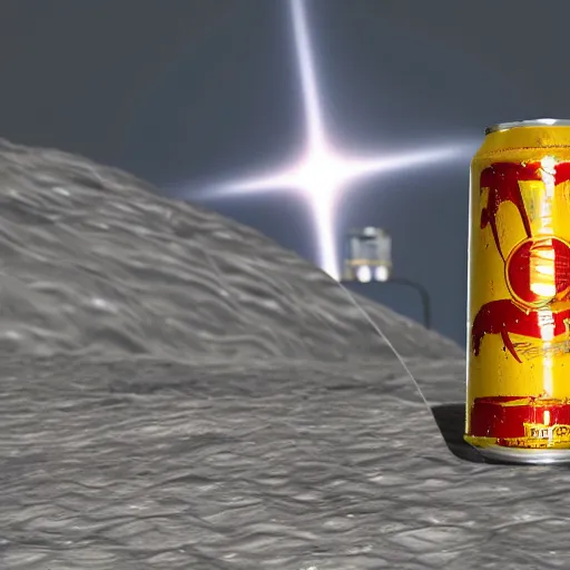 Prompt: photo of a detailed realistic idle regular sized electric guitar and a detailed realistic idle regular sized beer can on the moon surface. realistic. detailed