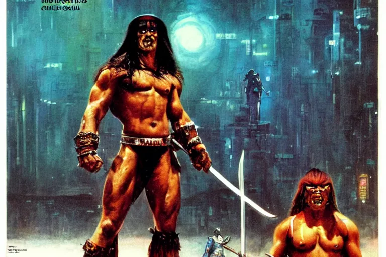 Image similar to 1979 OMNI Magazine Cover of Conan the barbarian as an orc At a Subway station in Neo-Tokyo in cyberpunk style by Vincent Di Fate