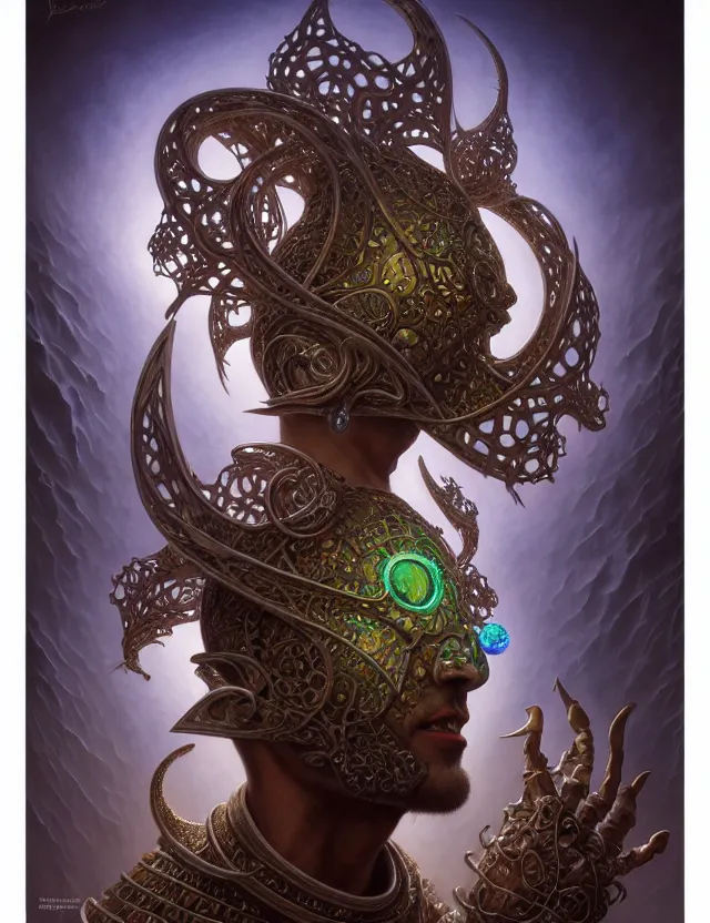 Image similar to front shot of a court jester character, hyperdimensional, bioluminescent hypercubes, ((intricate)), elegant, highly detailed, centered, (((artstation, concept art, smooth, sharp focus, artgerm, Tomasz Alen Kopera, Peter Mohrbacher, donato giancola, Joseph Christian Leyendecker, WLOP, Boris Vallejo))), mugshot!!!!!, ugly!!!!!!, octane render, nvidia raytracing demo, grainy, muted, 8K, digitalblasphemy