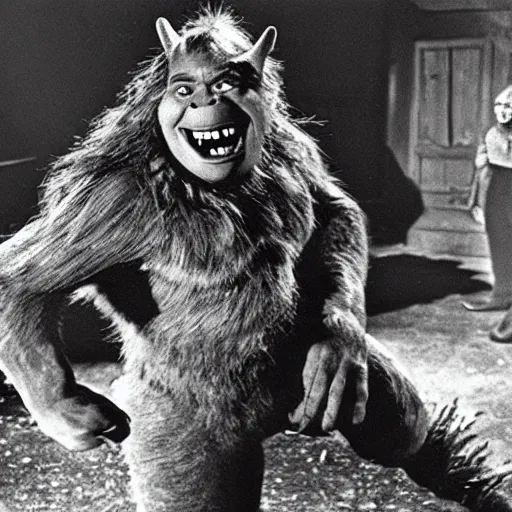 Image similar to film still of Shrek as a werewolf in The Wolf Man 1941